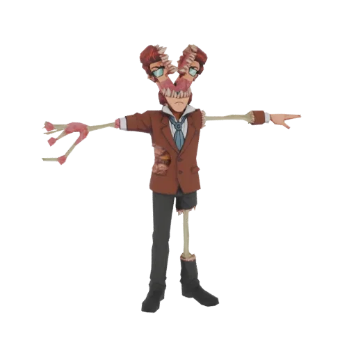 3D model of a grotesque horror character with two heads, exposed organs, and detached limbs, wearing a tattered suit.