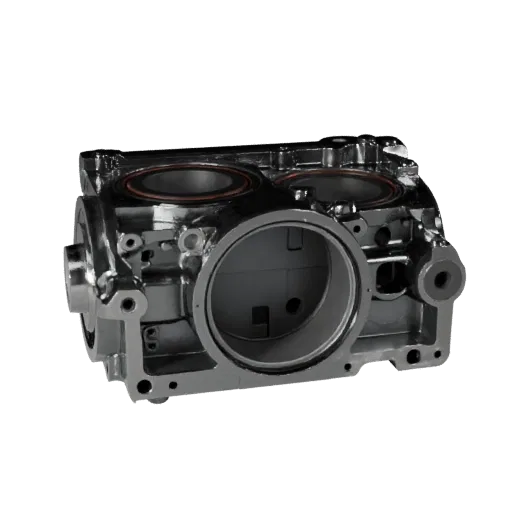 Machined Gearbox Housing GLB 3D model, three-quarter AR viewer render, showing product viz machined metal.