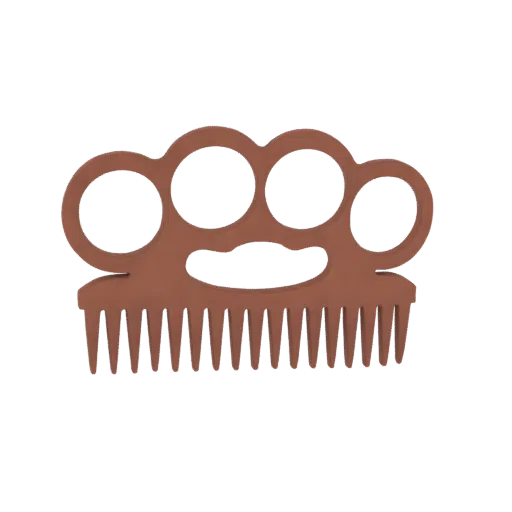3D model of a brown brass knuckles comb with four finger holes and a comb edge.