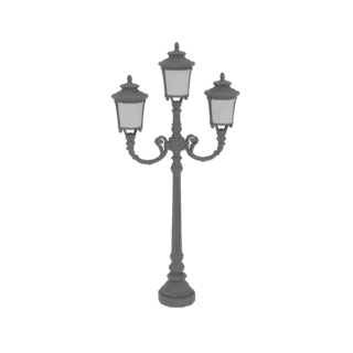 A 3D model of a classic, ornate street lamp post with three lantern-style light fixtures, presented on a white background.