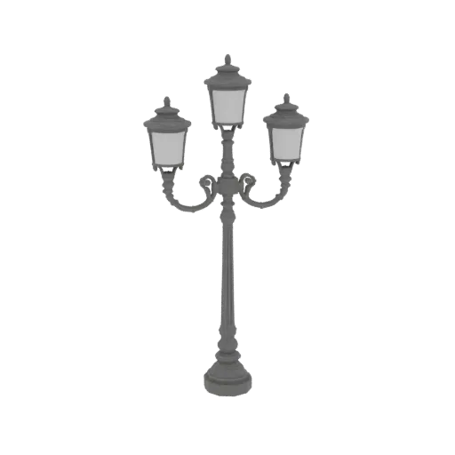 A 3D model of a classic, ornate street lamp post with three lantern-style light fixtures, presented on a white background.