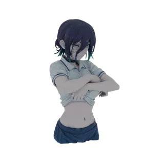 Modelo 3D de uma garota anime em uniforme escolar, cabelo escuro e olhos verdes, levantando a camisa.