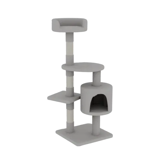 3D model of a modern grey cat tree with a condo, perch, and multiple platforms, set against a white background.