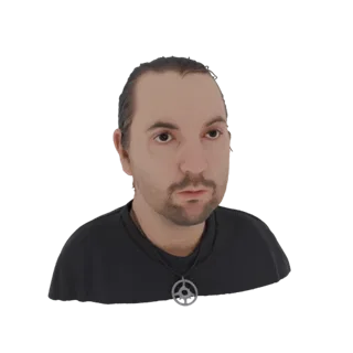 Modelo 3D de um homem com cabelo curto e escuro, barba, vestindo uma camiseta preta e um pingente circular.