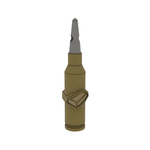 3D model of a stylized bullet with a metallic tip and a brass casing adorned with an ornate geometric band.