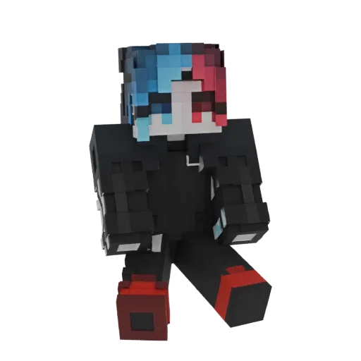 3D model of a cyberpunk character with blue and red hair, wearing a dark outfit and red shoes, sitting with legs crossed.