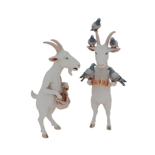 Un rendering 3D di due capre bianche, una con un sacco di noci e l'altra con piccioni appollaiati sulle corna e braccia.