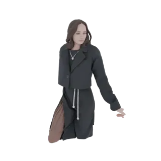 Modelo 3D de uma mulher gerada por IA usando jaqueta curta preta e saia marrom, posada elegantemente sobre fundo branco.