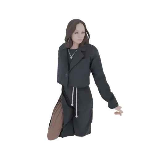 3D model of an AI-generated woman wearing a black cropped jacket and a brown skirt, posed elegantly against a white backgroun