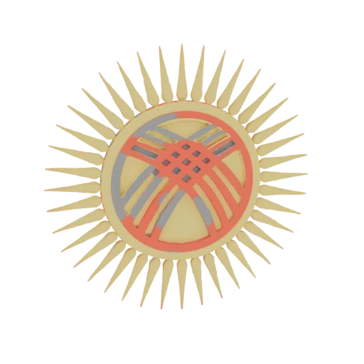 3D model of the Kyrgyzstan flag emblem, a golden sun with 40 rays and a central red and grey stylized yurt pattern.