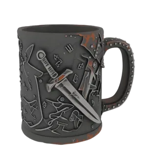 3D model of a dark ceramic mug with a handle resembling segmented metal armor and a bas-relief of Guts' Dragon Slayer sword o