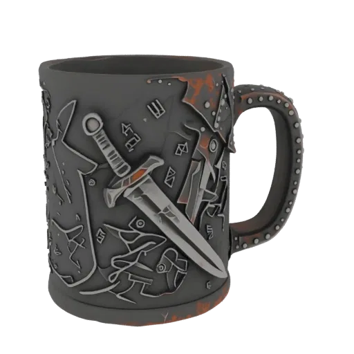 Modelo 3D de taza cerámica oscura con asa de armadura metálica segmentada y bajorrelieve de la espada Matadragones de Guts.