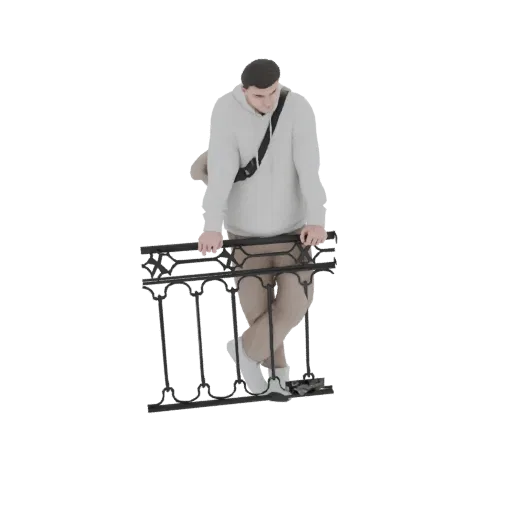 Modelo 3D de hombre joven con sudadera y pantalones beige, apoyado en balaustrada de metal negro, mirando hacia abajo.