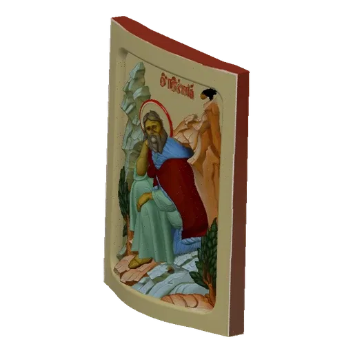 3D model of Saint John the Baptist sitting in a rocky wilderness, with a halo and a bird on a rock above him.