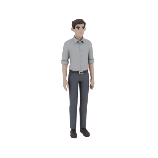 Low-Poly 3D Modell eines Mannes in T-Pose, gekleidet in ein graues Hemd und blaue Hose, mit separaten Fingern.