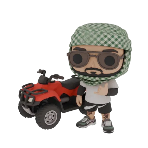 3D model of a chibi character in a green headscarf and sunglasses, posing next to a red ATV.