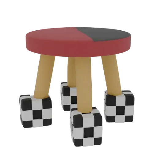A 3D render of a stool with a red and dark gray seat, yellow legs, and black and white checkerboard cube feet.