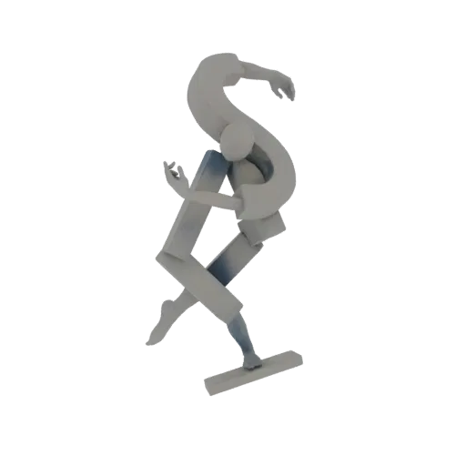 3D render of an abstract sculpture depicting a dancer in a dynamic, flowing pose against a white background.
