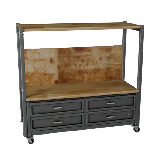 Garage Parts Rack 3D model, side profile view, technical viewport render, showing steel frames, stable fixtures.