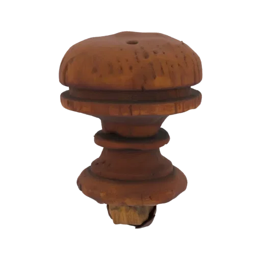 3D-Modell eines antiken hölzernen Pilz-Abschlusses mit abgerundeter Kappe und gerilltem Stiel, isoliert auf weißem Hintergrun