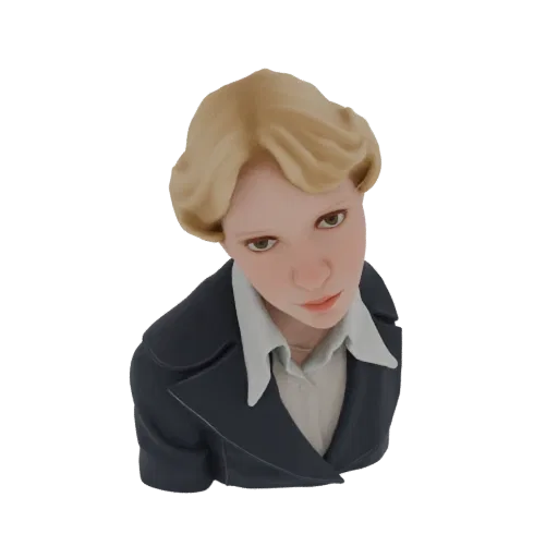 Render de modelo 3D de mujer joven rubia con traje oscuro y camisa blanca, mirando ligeramente hacia abajo.