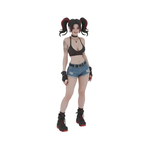 3D model of a gamer girl with dark pigtails, black crop top, denim shorts, and combat boots, standing against a white backgro