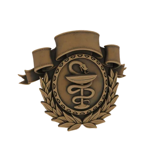 3D model of a bronze Rod of Asclepius emblem with laurel wreath and banner