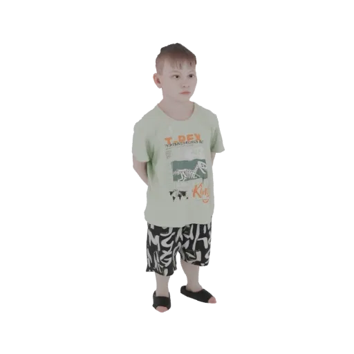 3D model of a young boy wearing a light green T-Rex t-shirt and black and white patterned shorts, standing with hands behind