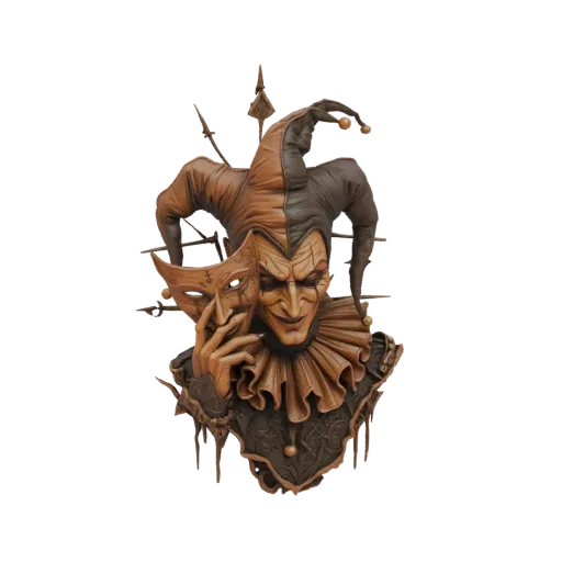 3D model of a jester bust, with a detailed face and a mask held in its hand, against a black background.