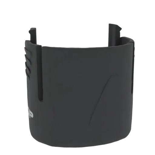 3D render of a black protective collar with serrated edges and a subtle logo on its side.
