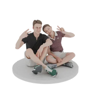 Modelo 3D de dos jóvenes amigos sentados sobre una base circular, sonriendo y haciendo señales de paz con las manos.