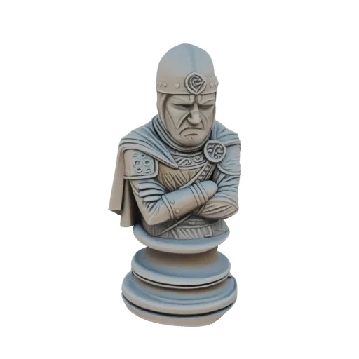 3D model of a frowning knight chess piece with arms crossed, rendered in a stone-like texture.