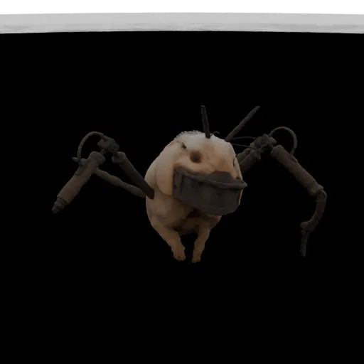 3D model render of a pale, bulbous cybernetic insectoid creature with rusty mechanical limbs and a metallic jaw, against a bl