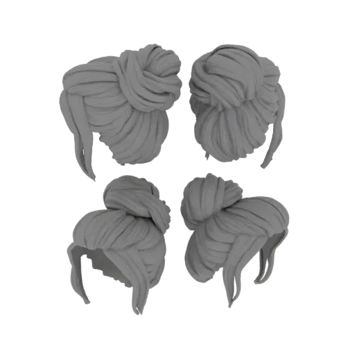 A 3D model render of a messy bun hairstyle, shown from multiple angles against a black background.