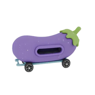 3D-Modell eines lila auberginenförmigen Autos mit grünem Stiel, montiert auf einer blauen Plattform mit vier schwarzen Rädern