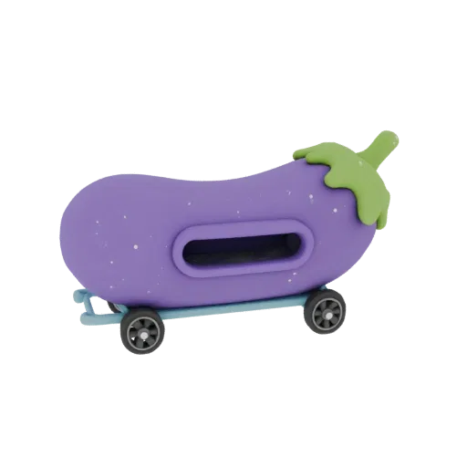3D model of a purple eggplant-shaped car with a green stem, mounted on a blue platform with four black wheels.