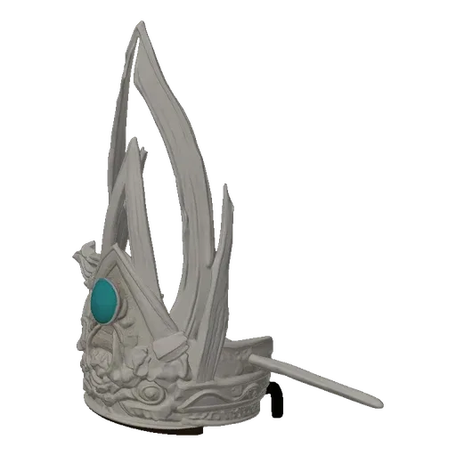 3D model of an ornate ancient crown with intricate carvings and a central turquoise gemstone, presented on a black background