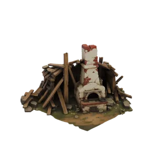 Modelo 3D de um ferreiro medieval em ruínas com forno de tijolos e detritos de madeira espalhados, sobre uma base texturizada