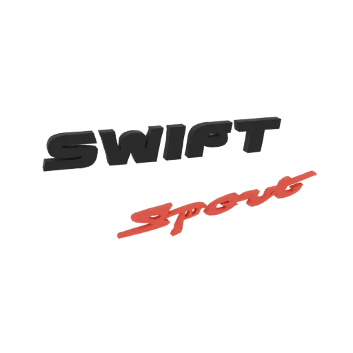 3D model of the Suzuki Swift Sport badge, with 'Swift' in black and 'Sport' in red.