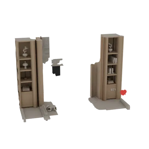 3D model of a modern light wood bookshelf with decorative vases, books, and a drawer labeled '925'.