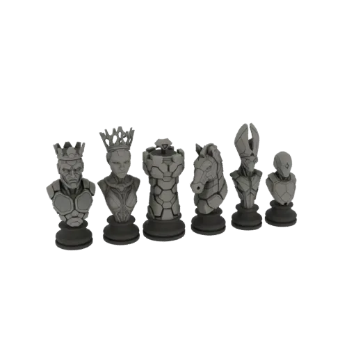 A set of six futuristic, sci-fi chess piece busts in gray, including King, Queen, Rook, Knight, Bishop, and Pawn, displayed o