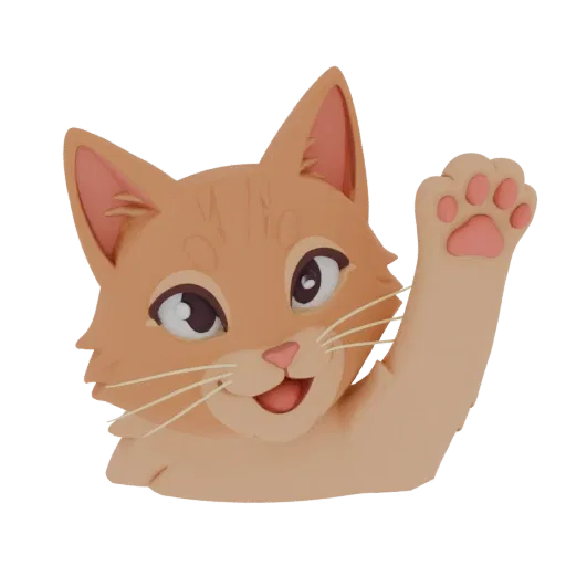 A 3D render of a cute orange tabby cat with big eyes and a pink nose, waving its paw in a friendly gesture against a white ba