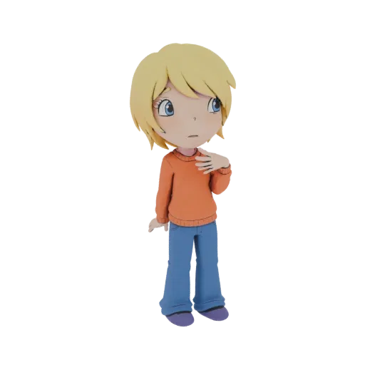 3D model of a young anime girl with blonde hair, wearing an orange sweater and blue jeans, looking thoughtfully to the side.