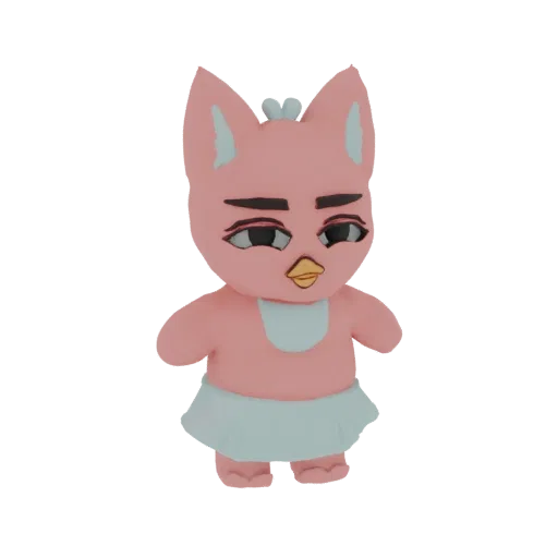 Ein 3D-Render eines süßen rosa Cartoon-Vogelmädchen-Charakters mit großen Augen und blauem Rock, der vor einem weißen Hinterg