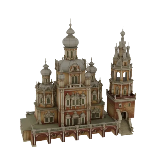 3D model of the Dormition on Pokrovka Church, showcasing its ornate domes, bell tower, and intricate facade.