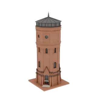 Render 3D de una detallada miniatura de torre de agua victoriana con textura de ladrillo y tejado cónico, sobre fondo blanco.