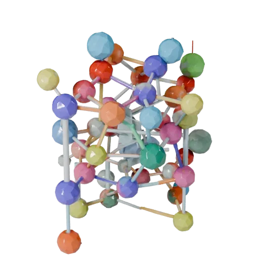 Organic Crystal Lattice Stylized 3D model, stylized isometric render, showing colored spheres, molecule layout.