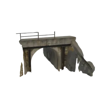 3D model of a ruined concrete bridge archway with a metal railing, showing signs of decay and damage.