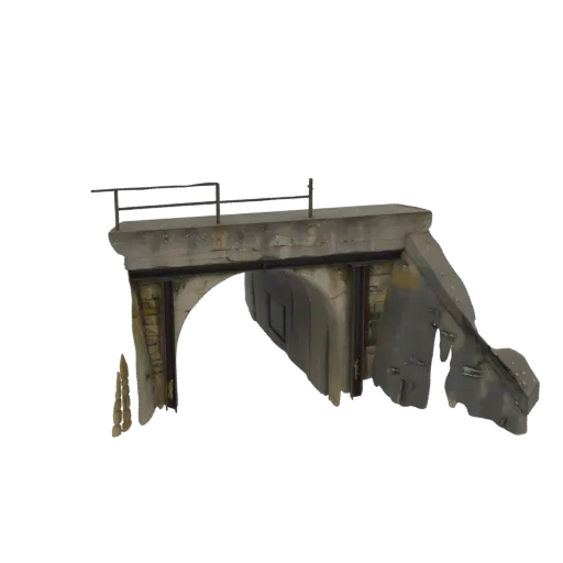 3D model of a ruined concrete bridge archway with a metal railing, showing signs of decay and damage.