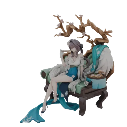 3D model of an elegant woman sitting on a chair, with purple hair, wearing a white top and blue dress, surrounded by floral branches.